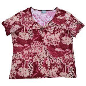 Penmans Women Size 1X Top Shirt Blouse Red Short Sleeve V-Neck Floral
